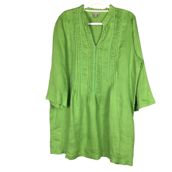 J. Jill Tops - J. Jill Lime Green 100% Linen Pintuck Lace Trim Split Neck Tunic Top XL